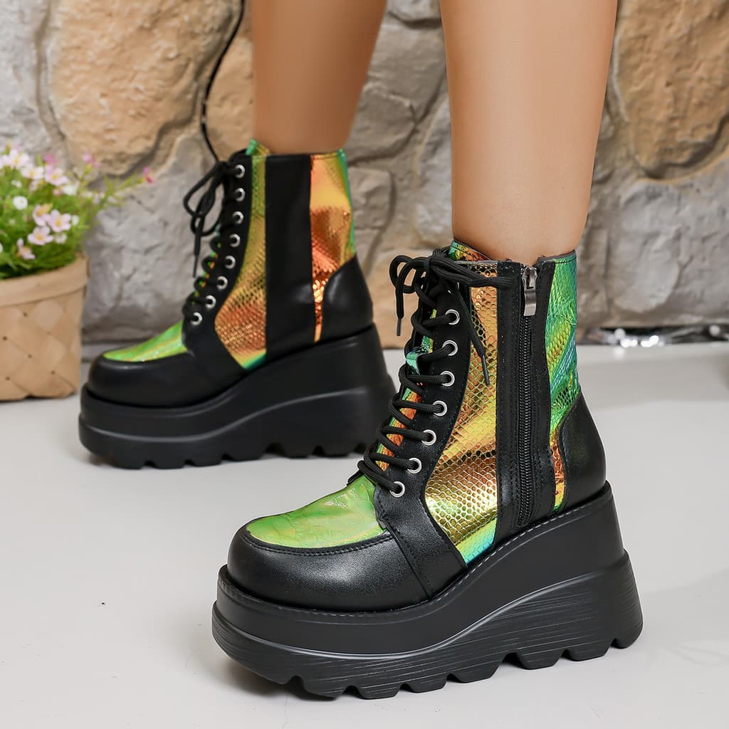 Botas de cano curto com plataforma e zíper lateral em dois tons, novidade de outono 2025, estilo punk colorido, tamanho