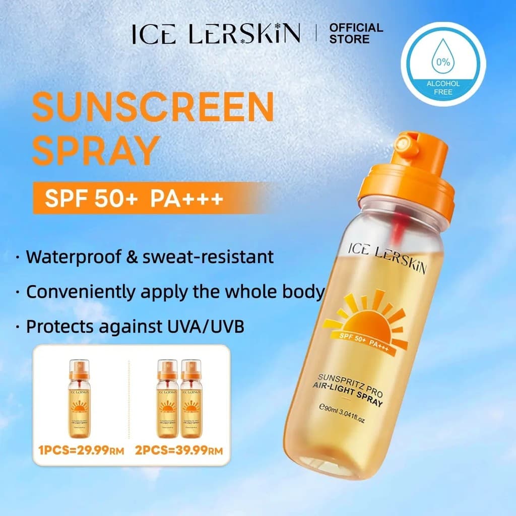 Spray Protetor Solar com Efeito Ar Condicionado, ICELER, SPF50+PA+++, Não Pegajoso, Sem Resíduos Brancos, Refrescante Rá
