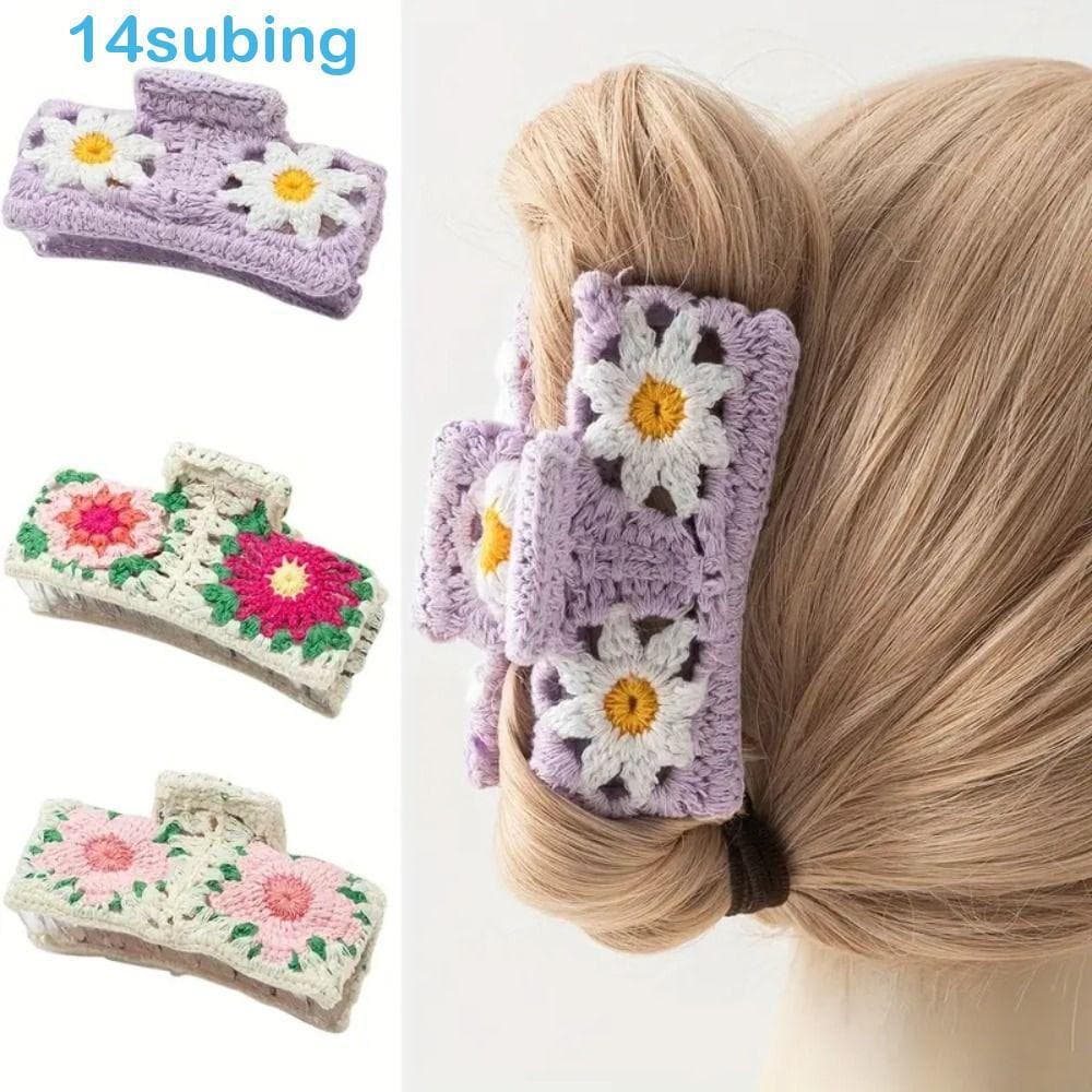 SUBING Clipe De Caranguejo De Malha Floral , Tubarão De Crochê Bordado Colorido De Flor , Chapéu