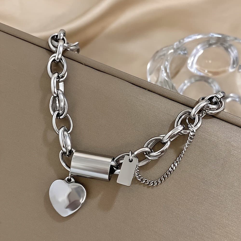 Pulseiras de Aço Inoxidável com Corrente Grossa Dourada Estilo Punk, Design Fashion com Pingente de Coração, Joias de Pu