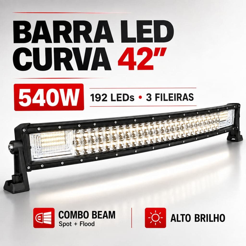 Barra de LED Curva 42” 540W 192 LEDs 3 Fileiras Combo Beam para Caminhonete 4x4 Off-Road