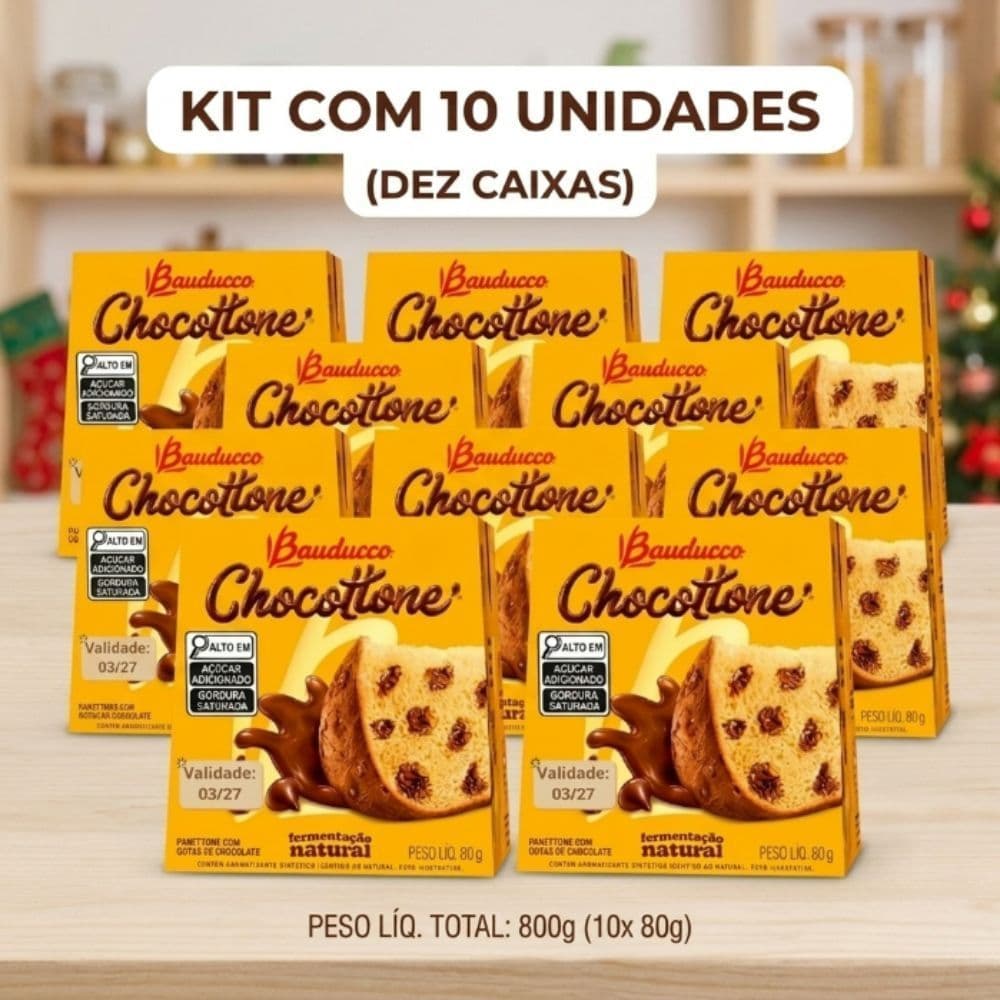 Kit 10 Chocotones Bauducco 80g com Gotas de Chocolate Mini Panetone Natal Caixa
