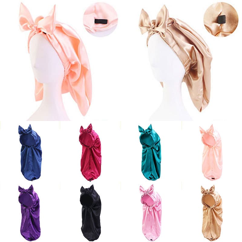 Moda Europeia Cetim Longo Tubo Cauda Turbante Multifuncional Touca De Banho Diária Cuidados Com O Cabelo Envoltório De C