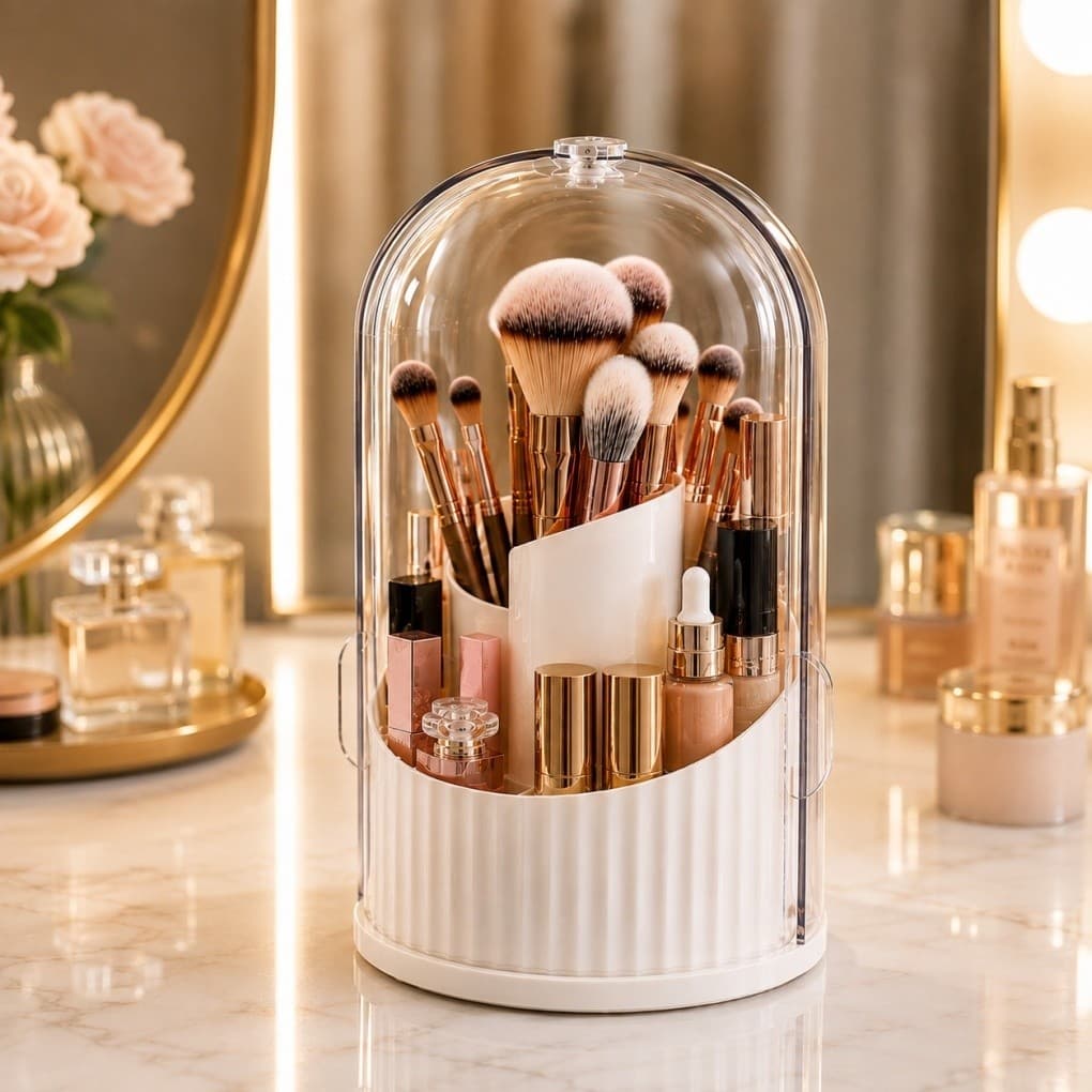 Organizador de Maquiagem Giratório 360° | Porta Cosméticos com Tampa Transparente Porta Pincéis e Skincare