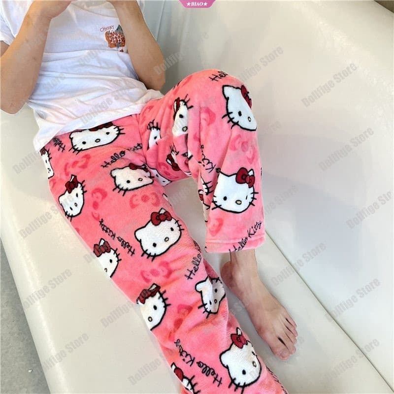 Novos Pijamas de Flanela Kawaii Sanrio Hello Kitty e Calças de Moletom de Coral Fleece Mantêm as Meninas Aquecidas Duran