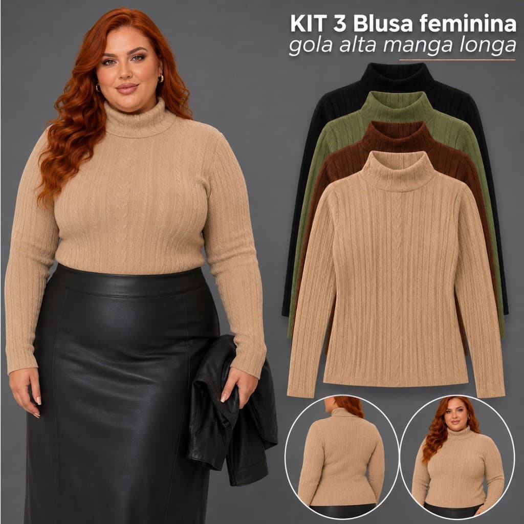 KIT 3 Cacharrel Feminina Ribanna Premium Plus Size Blusa Gola Alta Manga Longa Social Segunda Pele Básica Inverno Frio
