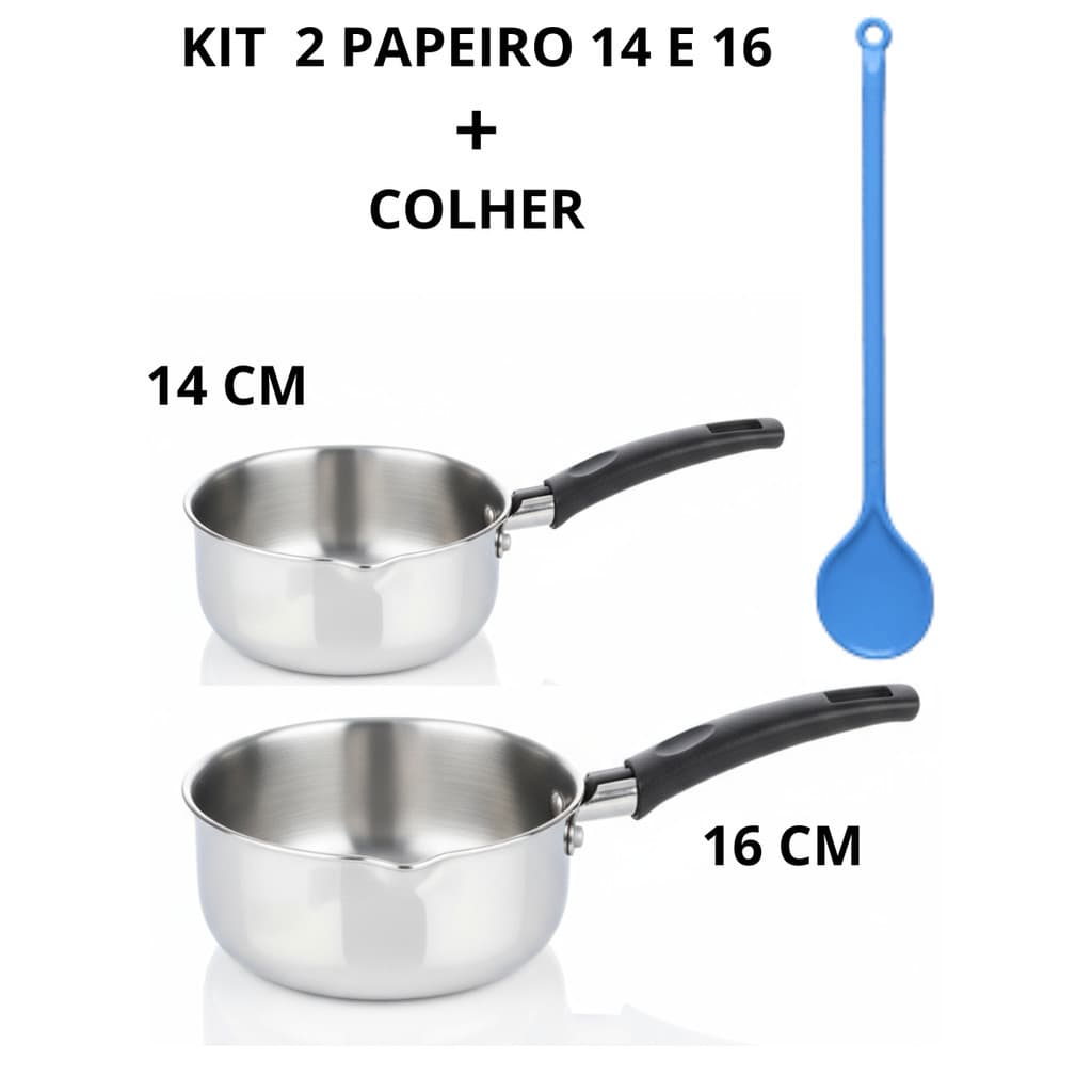 kit 2 Panelas Papeiro de Aluminio Para Papinhas purê Mingau Comida N 14 e N 16, Mais Colher