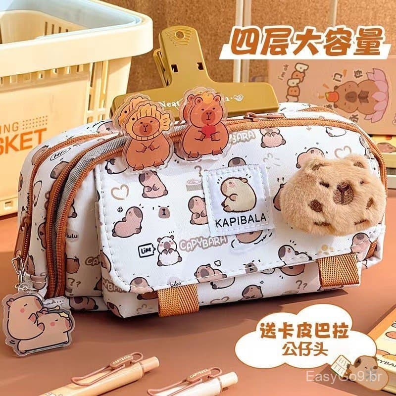 Novo estojo de lápis Kapibara em estilo Kapibara Saco de papelaria multifuncional de três camadas de alta aparência Saco