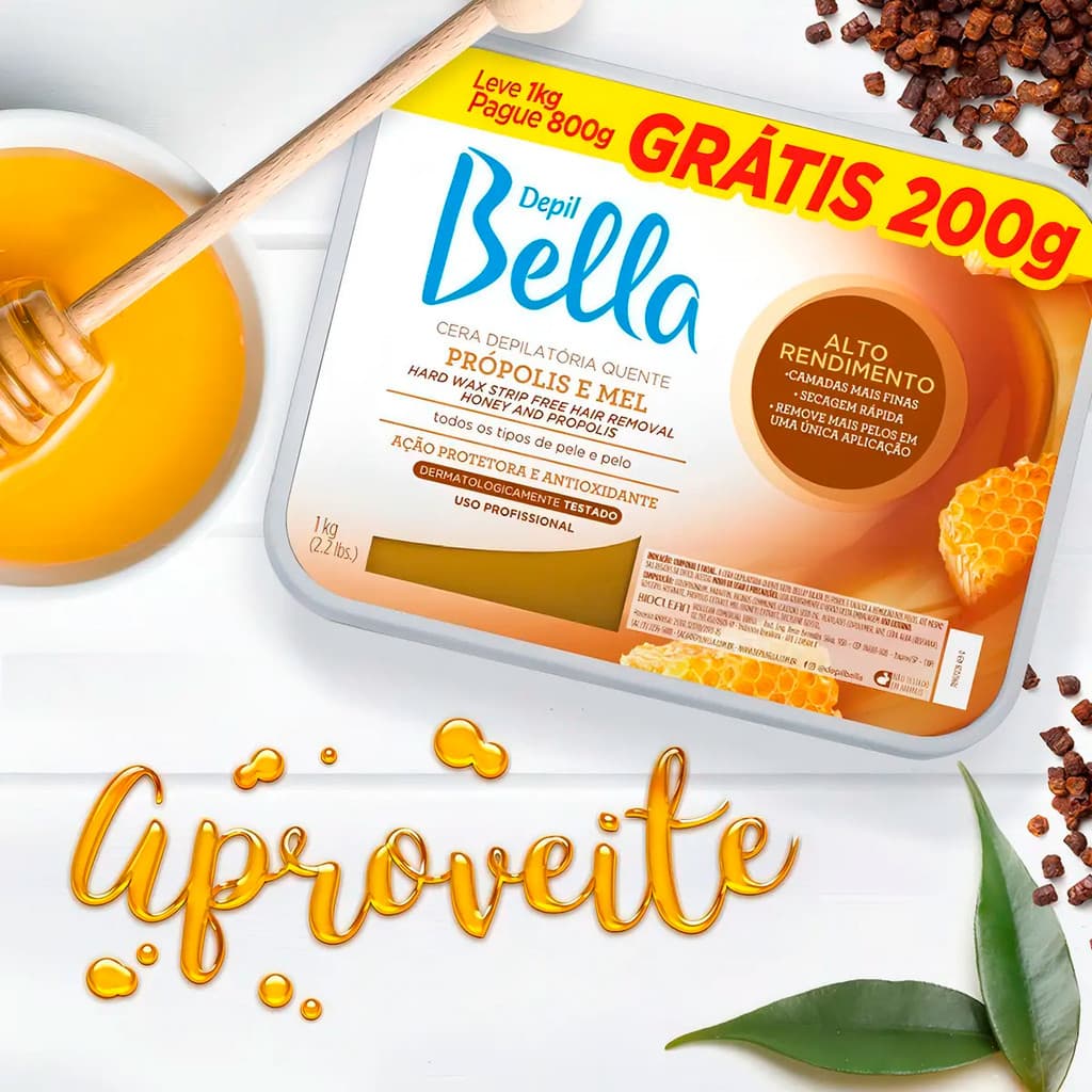 Cera Depilatória Quente em Barra Própolis e Mel Pague 800g e Leve 1kg Depil Bella