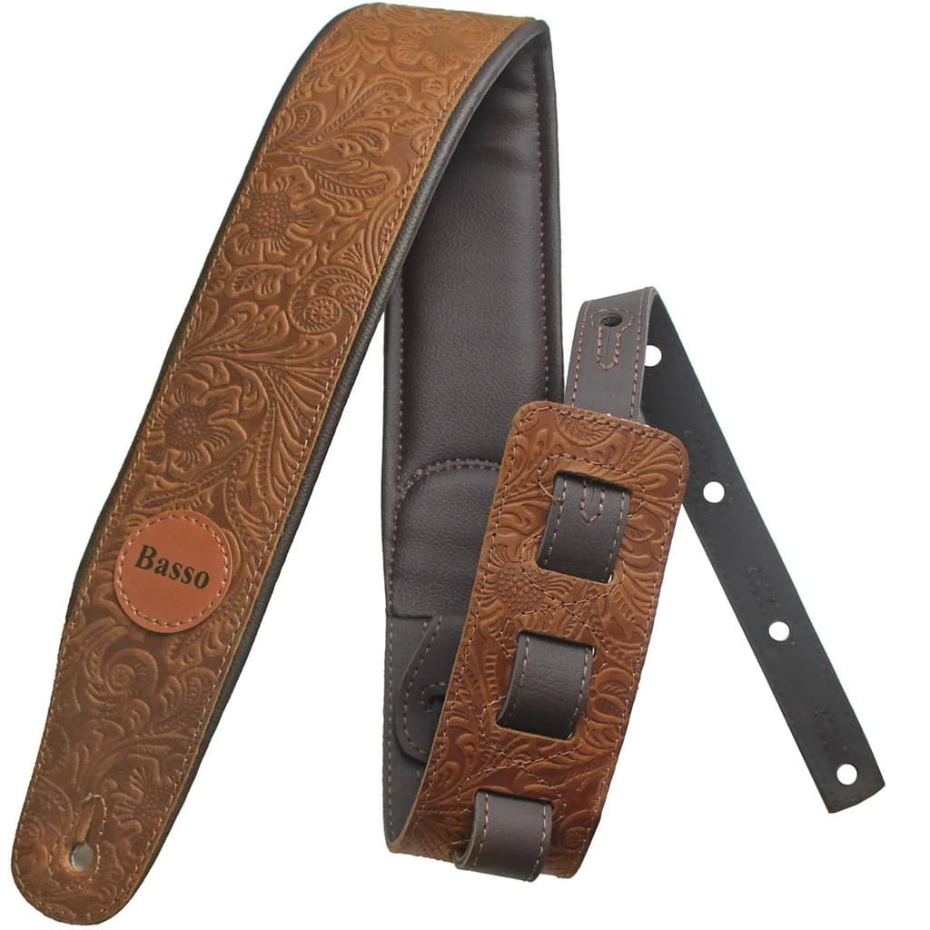 Correia Alça Guitarra Violão Baixo Basso Couro Floral Marrom Ajustável Ponteiras Reforçadas VT SL 82