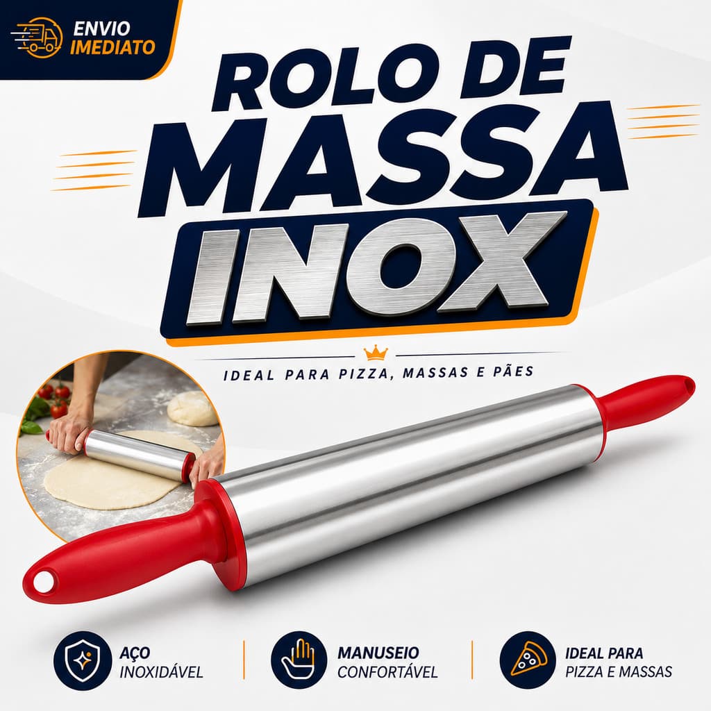 Rolo de Massa Profissional 38CM Giratório em Inox Para Abrir Massas Pão Pães Macarrão e Pizza