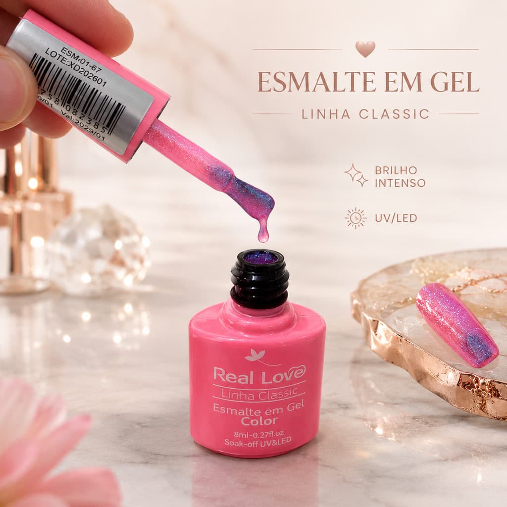 Esmalte em Gel Real Love Rosa Cintilante Linha Classic 8ml UV/LED Pincel Língua de Gato