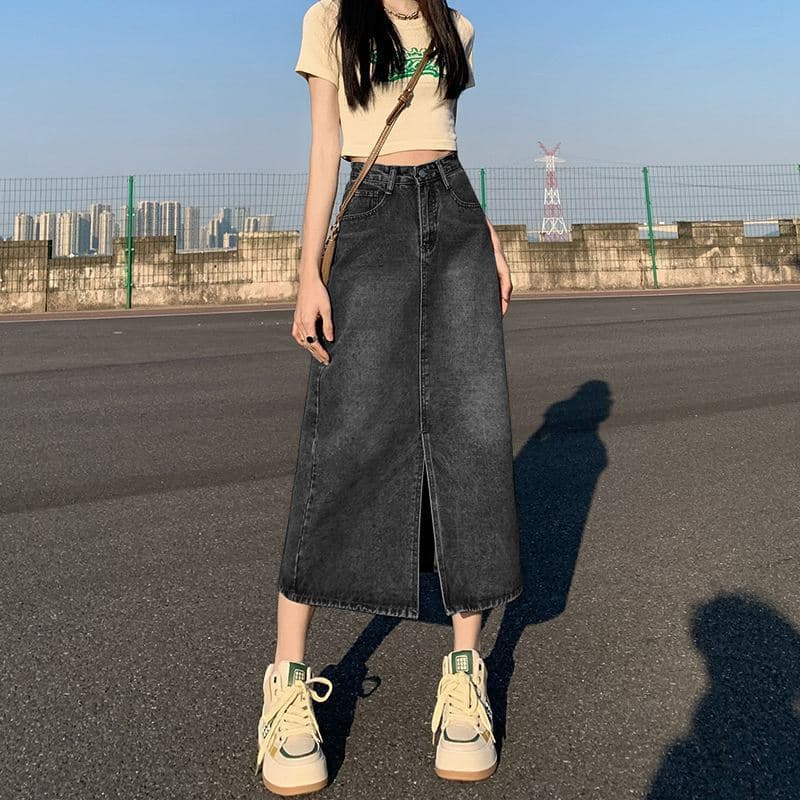 Cintura alta fenda Denim saia feminina novo estilo verão a linha saia Hip-embalado pequena em forma de pêra saia lo