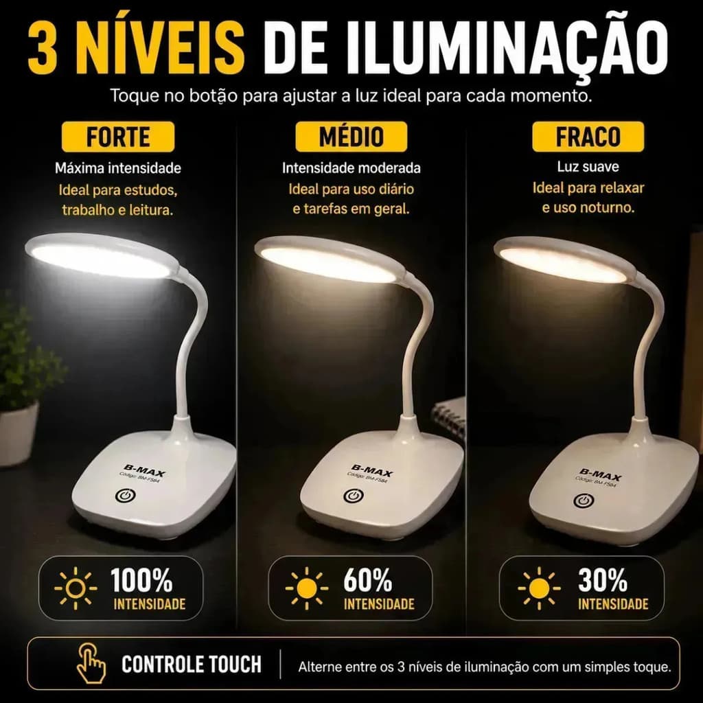 Abajur De Mesa 3 Níveis Touch Leitura Led Home Office Toque