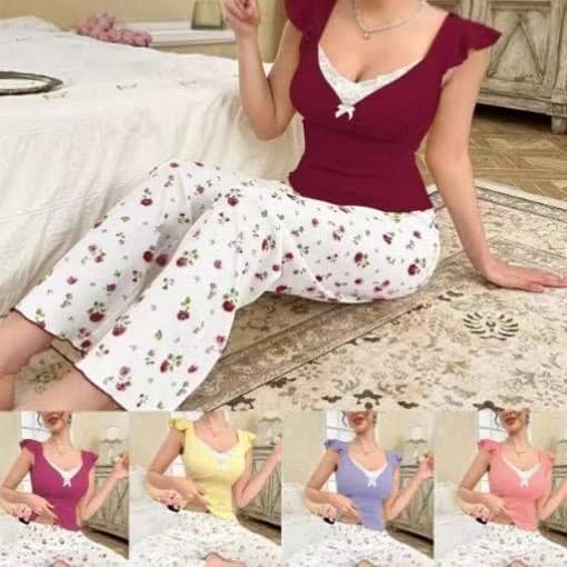 Pijamas femininos com estampa Floral calças babados exteriores pijamas femininos vestíveis