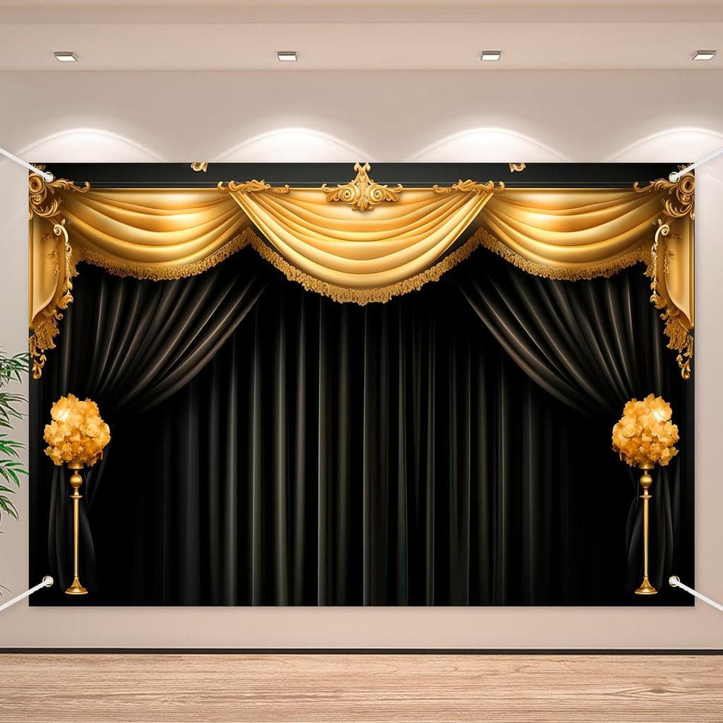 Cortina de Fundo Preta e Dourada para Teatro, Palco, Decoração de Fundo Temática para Adultos e Crianças, Shows de Mágic