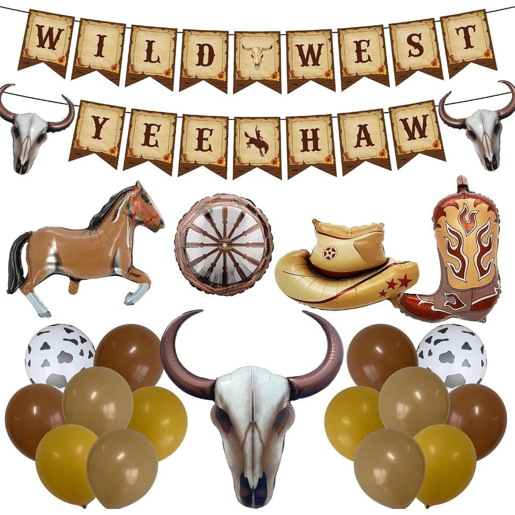 Decorações para Festa de Cowboy - Aniversário Western - 22 Peças - Faixas "Yee Haw" do Velho Oeste, Balões de Folha em F