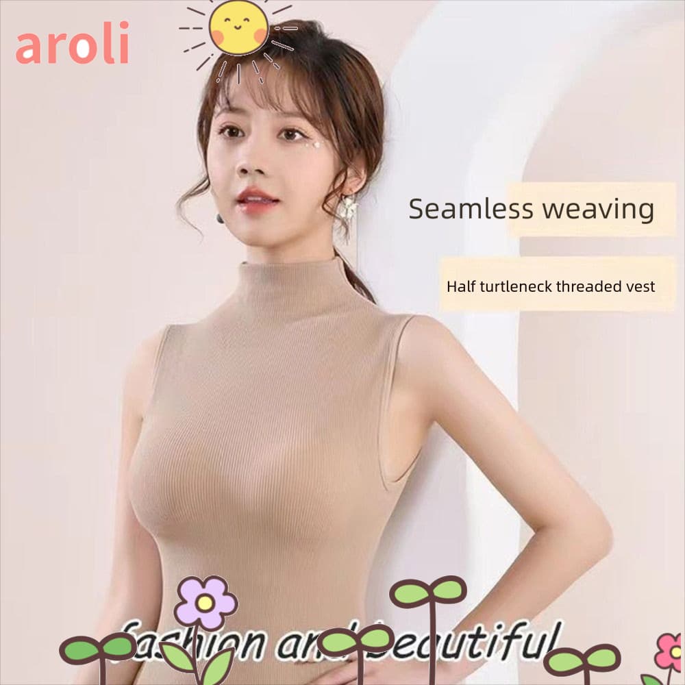 Colete AROLI , Regata Sem Mangas De Cor Sólida , Elegante Meia Gola Alta Com Almofada No Peito , Camiseta Feminina