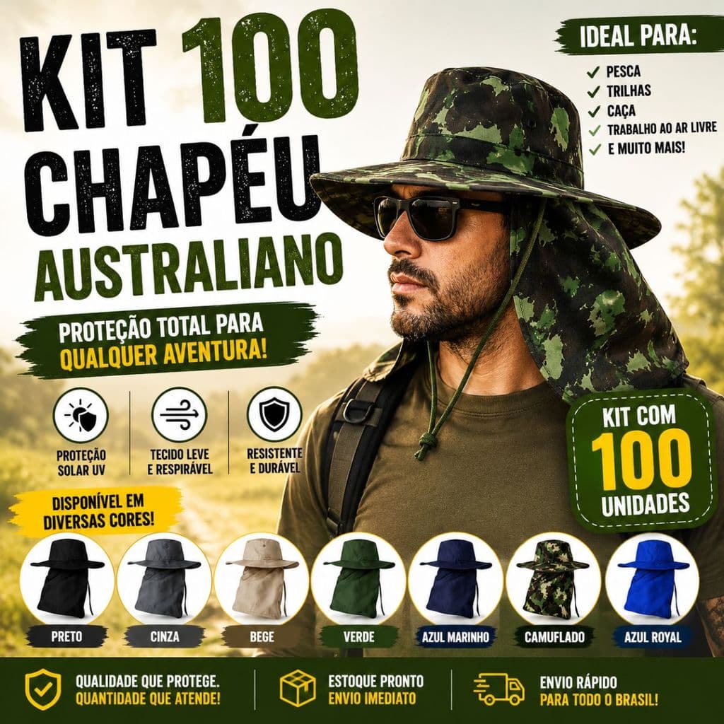 Kit 100 Chapéus Australianos com Protetor de Pescoço Pesca Camping Trabalho