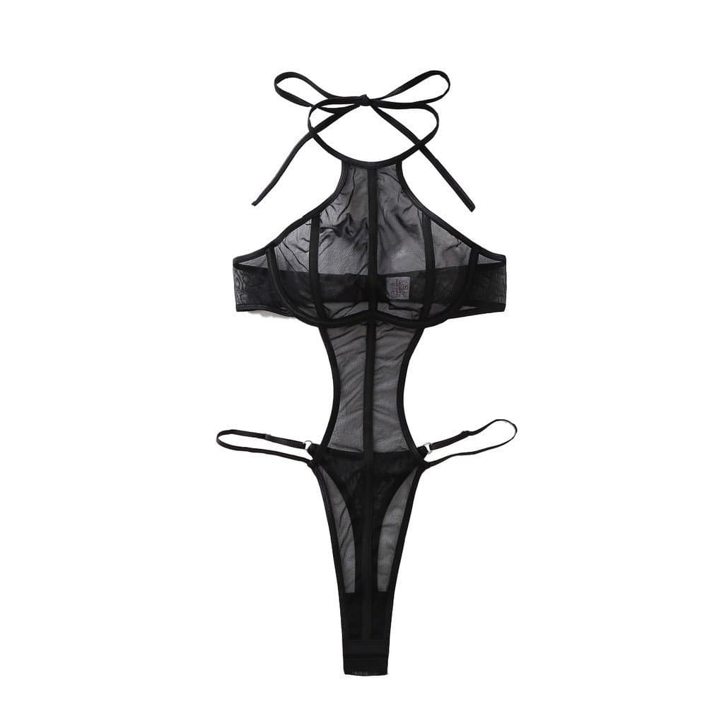 Body modelador preto transparente com listras verticais, malha fina, amarração com cadarço e decote halter.
