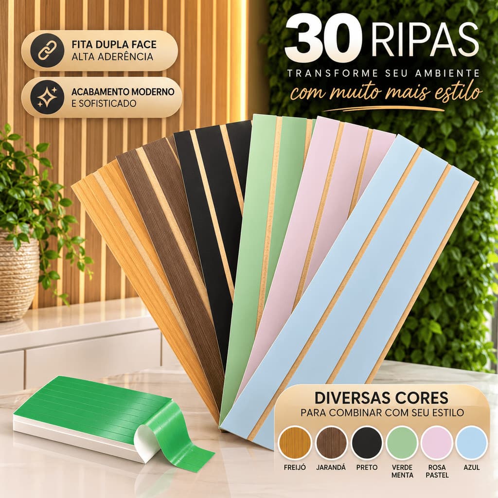 Kit 30 Ripados Painel Autocolante MDF 45x11cm Parede Sala Quarto Cabeceira Diversas Cores