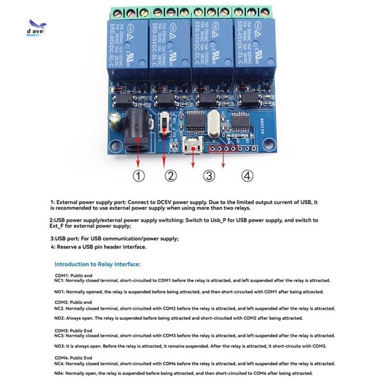 Módulo De Relé USB De 4 Canais Vias 5V Interruptor Inteligente