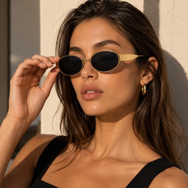 Óculos de Sol Feminino Oval Dourado Lente Preta Metal Retrô Vintage Elegante