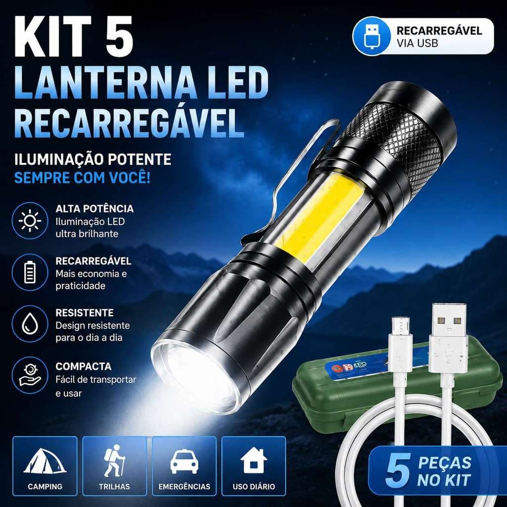 Kit 5 Lanterna LED Recarregável via USB, Lanterna Portátil de Alta Potência para Camping, Trilhas e Emergências