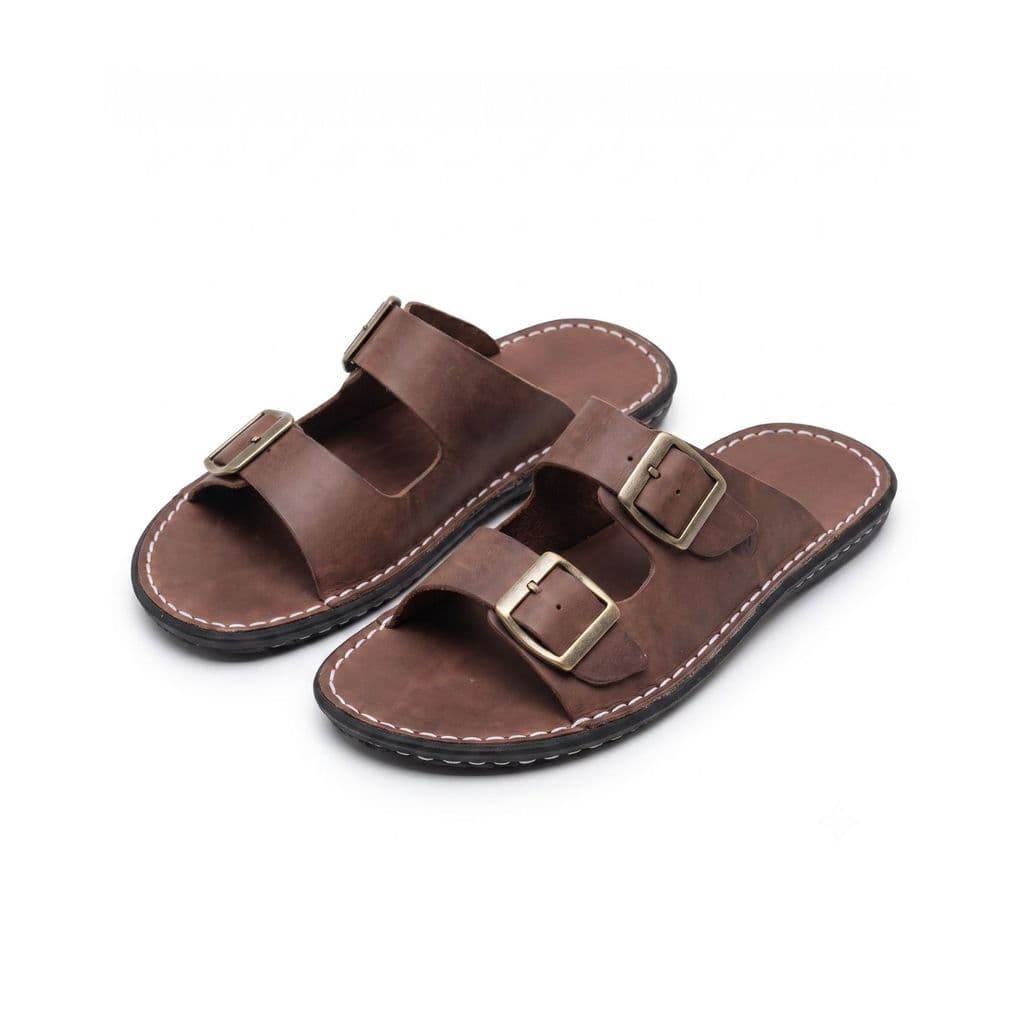 Chinelo Sandália Masculino Couro Legítimo Slide Papete Fivelas
