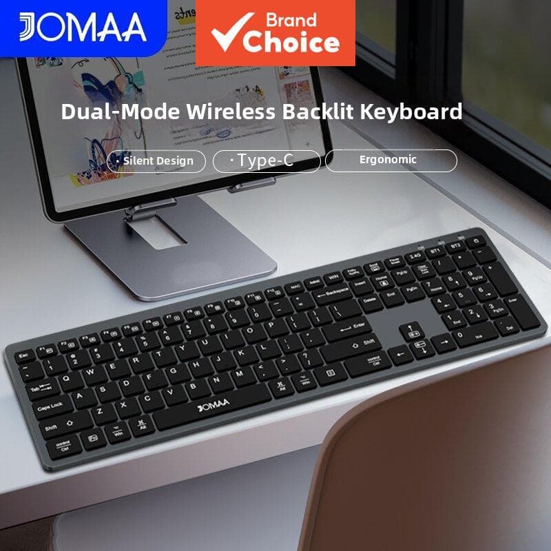 JOMAA Teclado silencioso sem fio USB Bluetooth retroiluminado, ergonômico, recarregável, multi-dispositivo, teclado