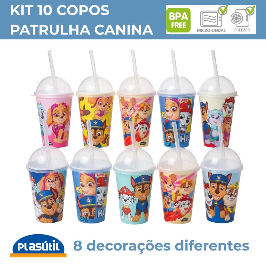 Kit 10 Copos Shake Patrulha Canina 280ml Infantil Plasútil