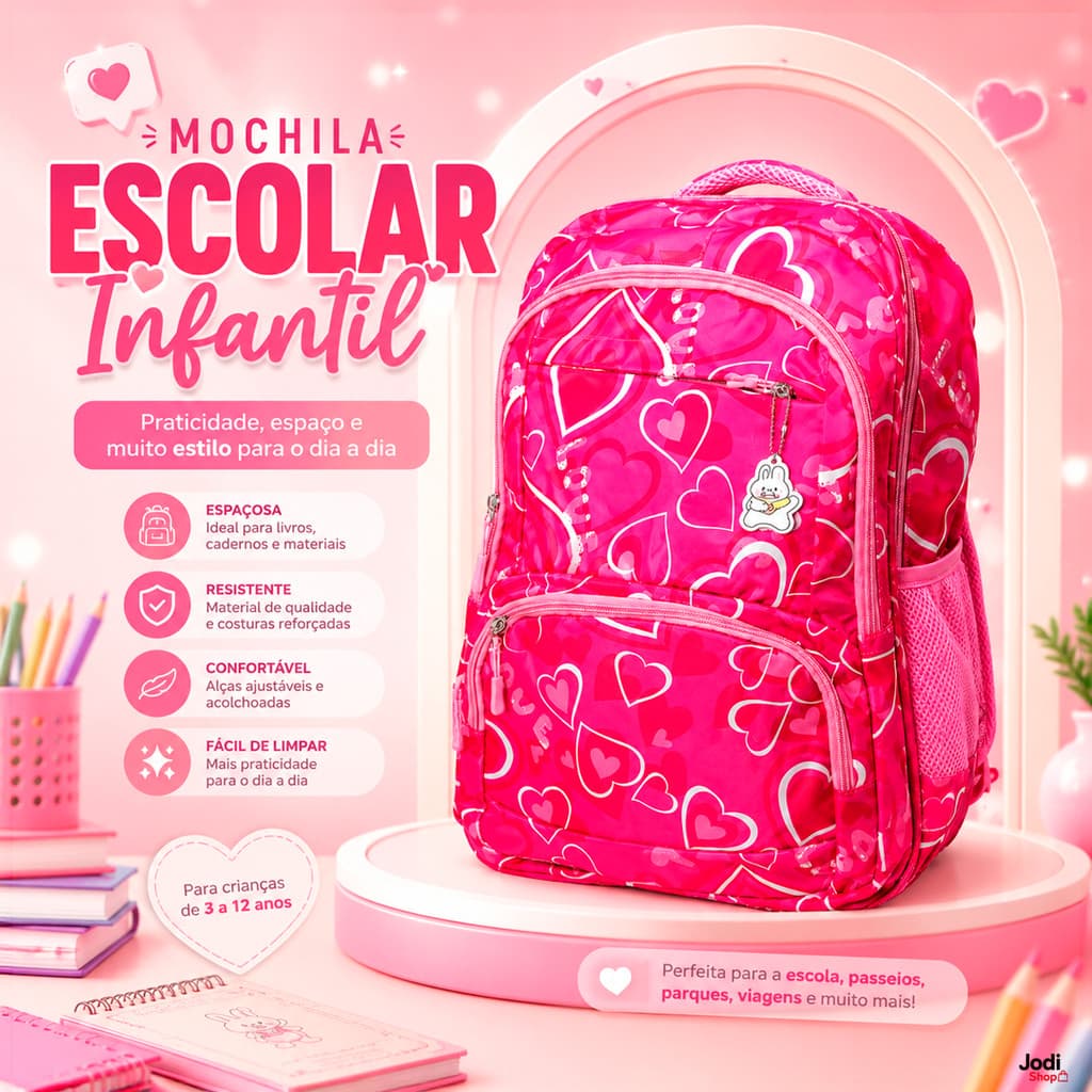Mochila Escolar Infantil Grande com 4 Compartimentos, Bolsos para Garrafa e Alças Ajustáveis