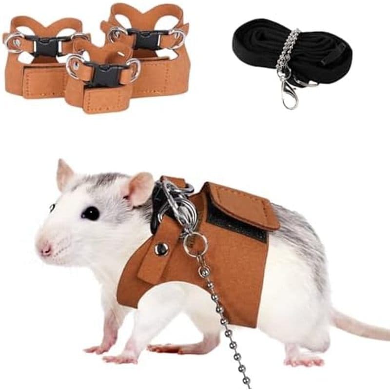 Pacote Com 3 Arnês E Trela Para Ratos – Ajustável De Couro Macio Pequenos Animais Corda De Tração Corrente Anti-Mordida