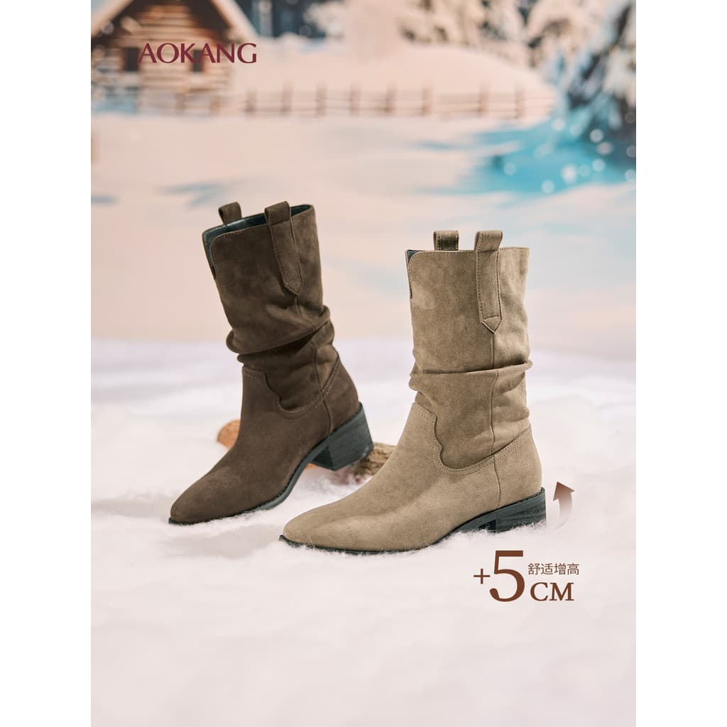 Okcom sapatos femininos 2025 inverno novo estilo Melade pilha botas de salto grosso apontou Toe feminino cavaleiro botas