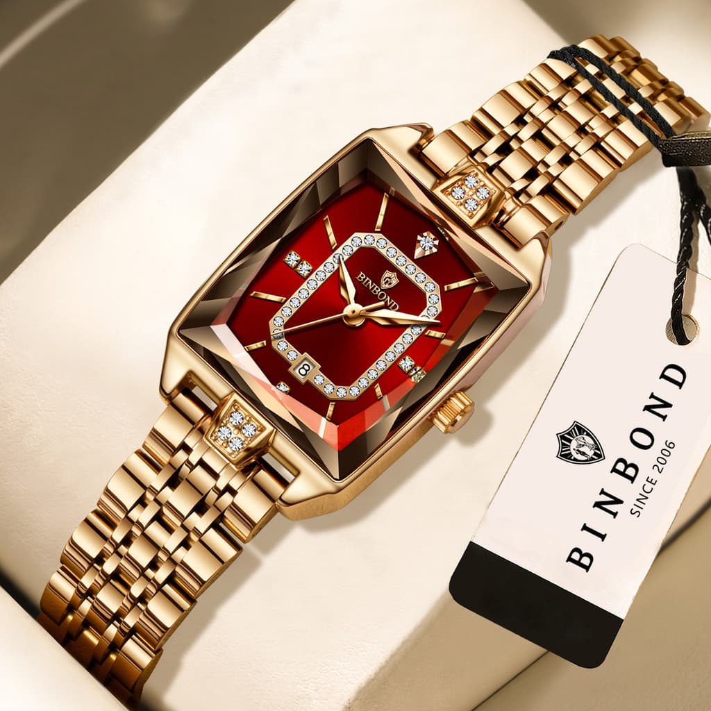 BINBOND Relógio De Pulso Feminino Quadrado De Quartzo Incrustado Com Diamantes , Pulseira De Aço Inoxidável À Prova D'ág