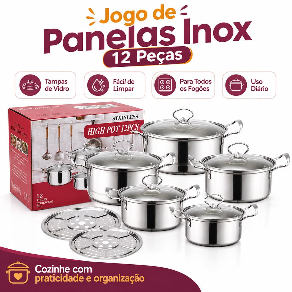 Jogo de Panelas Inox 12 Peças com Tampa de Vidro 16 a 24cm Indução Gás Elétrico e Vitrocerâmico