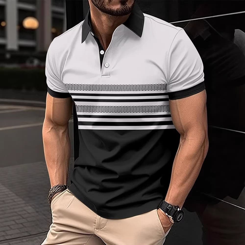 Nova camisa polo masculina de manga curta listrada com bloqueio de cores Top Casual masculino