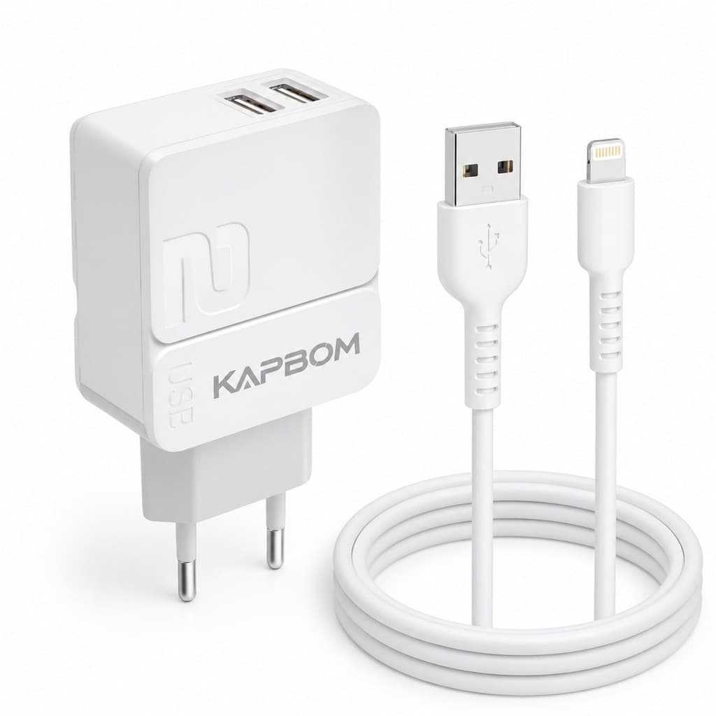 Carregador Turbo Kapbom 5.1A 2 Portas USB + Cabo Lightning 1m Bivolt iPhone 7 8 X Xr 11 12 13 14 Pro Max