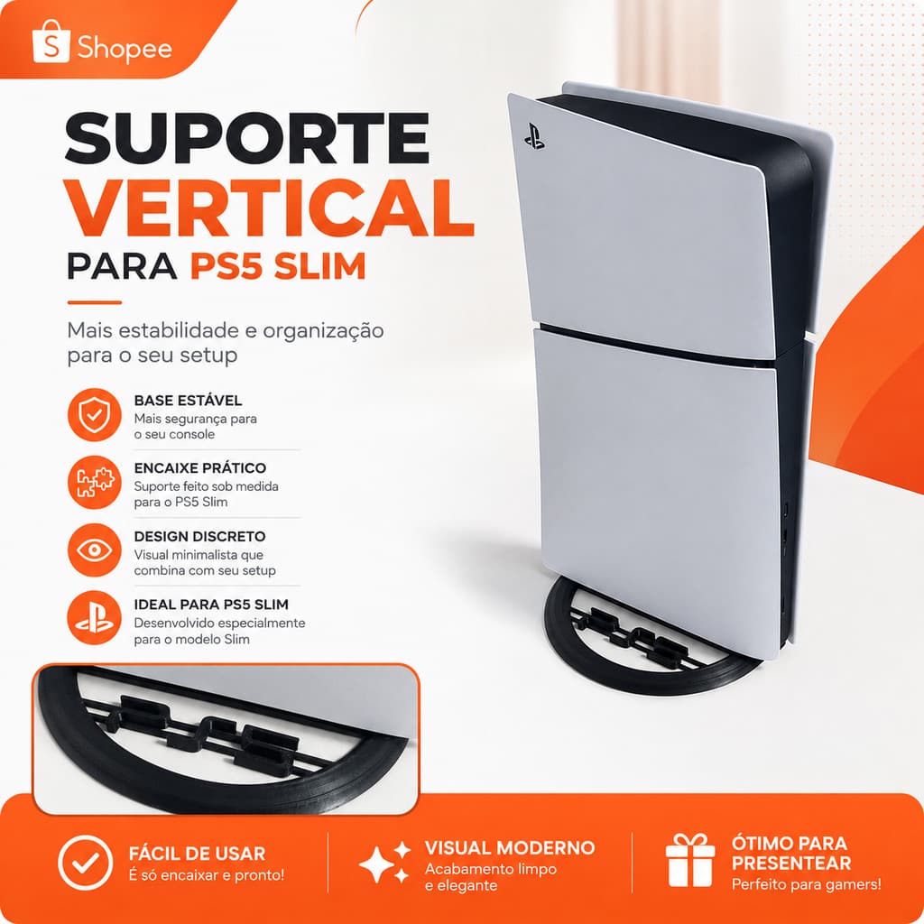 Suporte Vertical PS5 FAT Slim Pro Base Gamer com Parafuso e Ventilação.