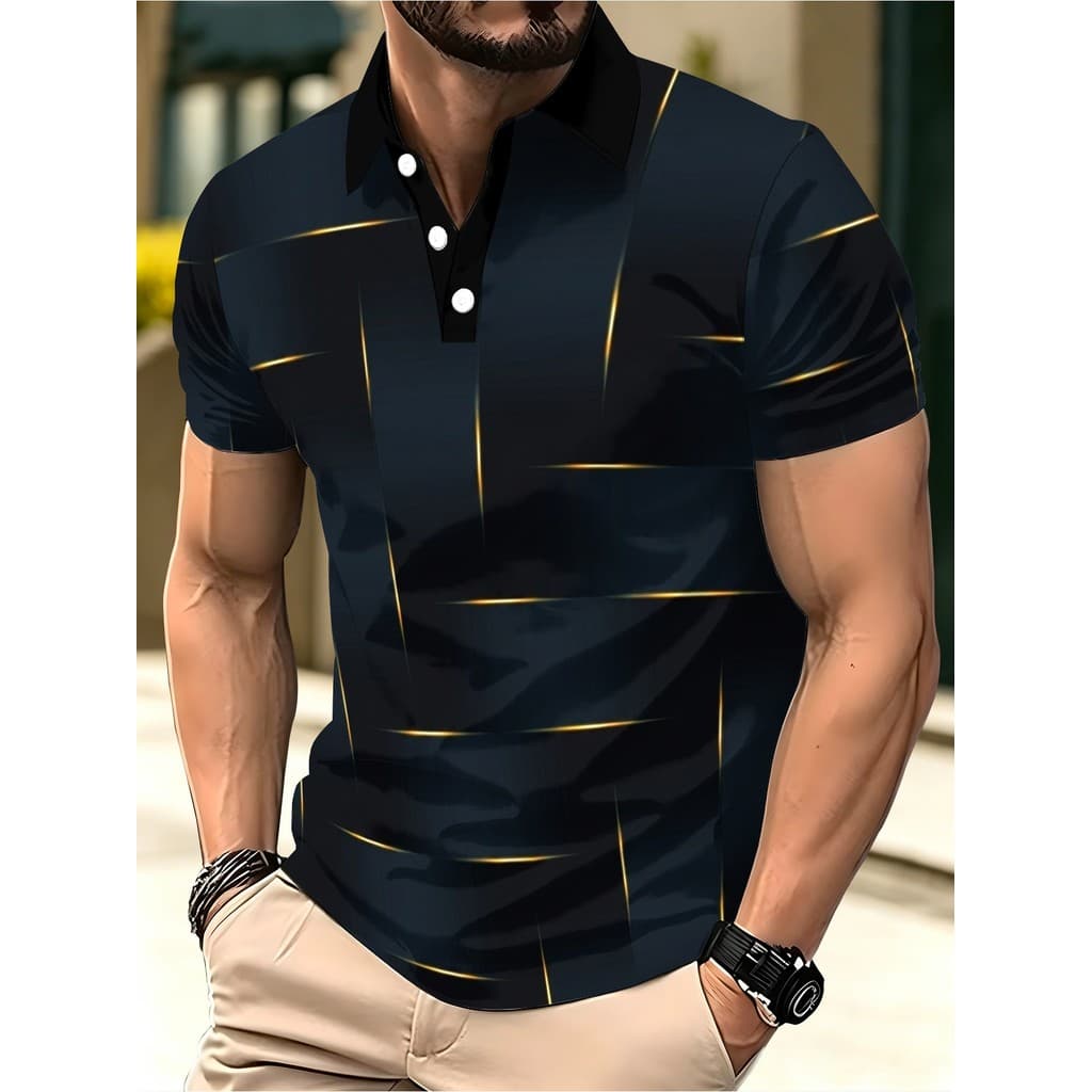 Camisa polo masculina curta azul marinho profundo camisa polo de manga curta, padrão de linha geométrica dourada, leve r