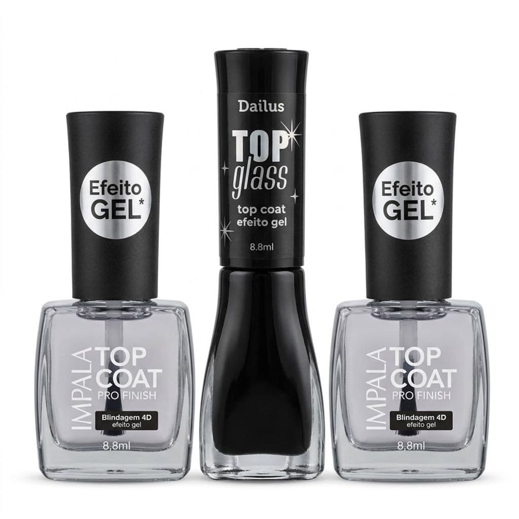 Kit 3 Top Coat Efeito Gel Impala Pro Finish Dailus Top Glass Extra Brilho Finalizador Unhas Sem Cabine UV