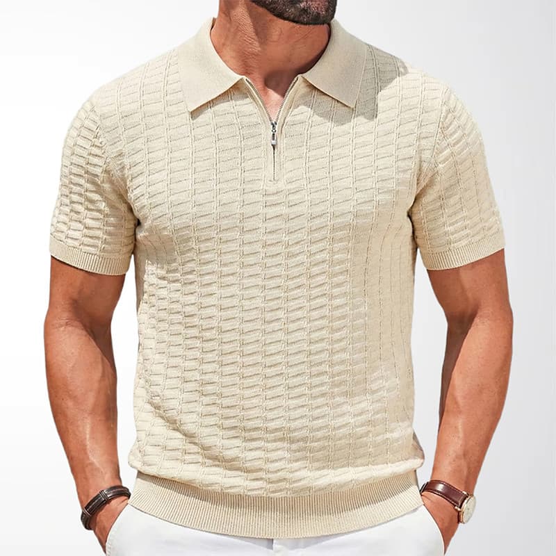 Camisa Polo Masculina Com Textura De Malha , Casual , Meio Zíper , Manga Curta , Camisas De Golfe , Slim Fit , Polos De
