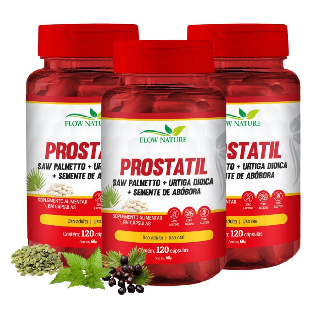Prostatil-Saw Palmetto-Urtiga Dióica-Semente de Abóbora 120 Cáps. de 500mg-Kits C/1, 2 e 3 Potes - Flow Nature