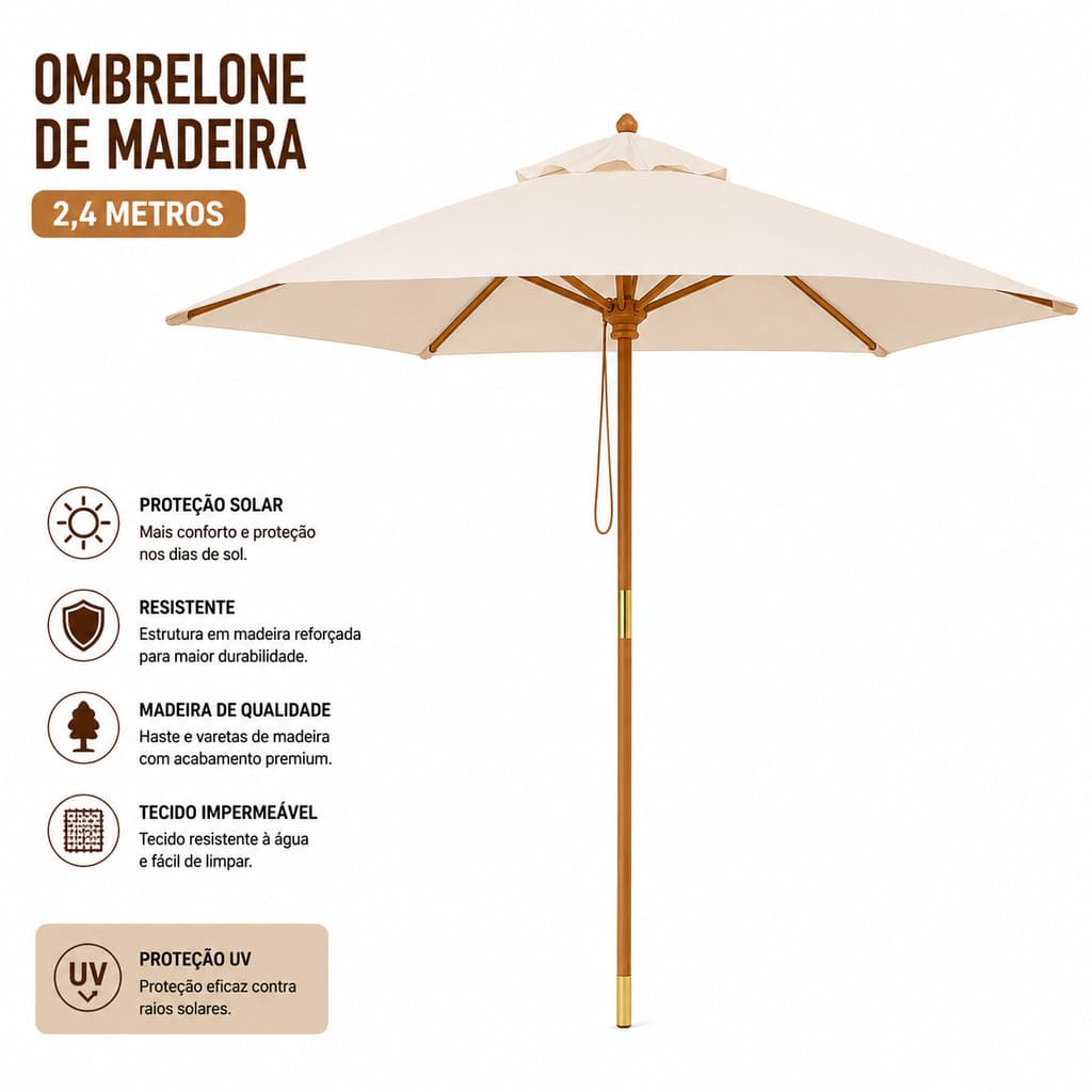 Ombrelone De Madeira 2,4m Grande Para Jardim Piscina Praia