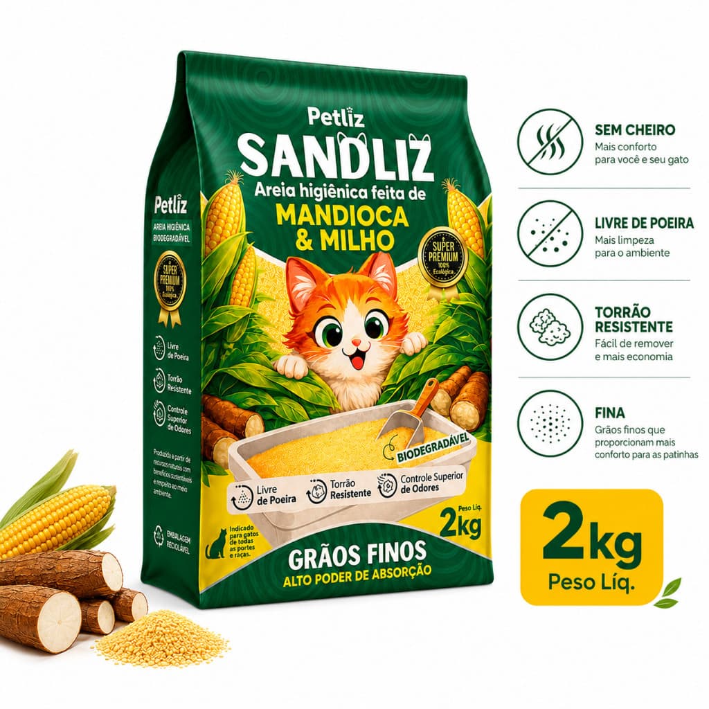 2Kg Areia de Gato Premium Sem Cheiro Alto Rendimento Sem Poeira Grãos Finos Torrão