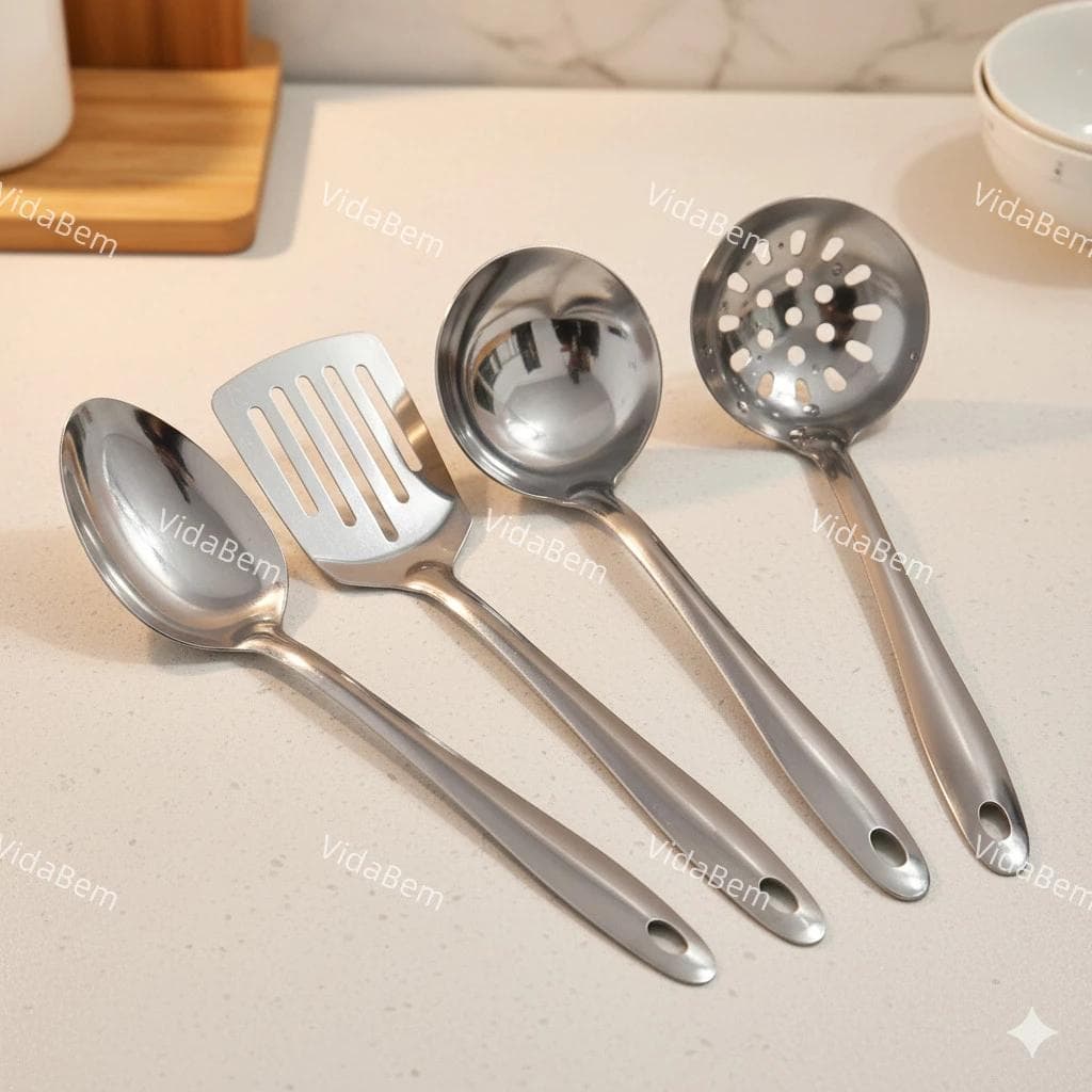 Utensílios de Cozinha em Aço Inoxidável 4 Peças - Concha, Espátula, Colher e Escumadeira