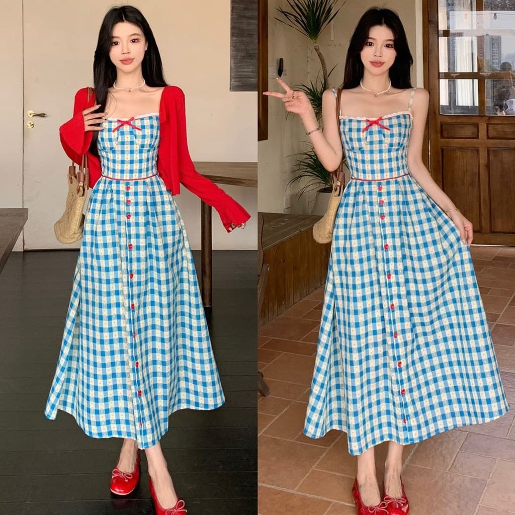 Tamanho grande novo estilo moda combinando elegante xadrez costura magro-ajuste Floral estilingue vestido Cardigan dois
