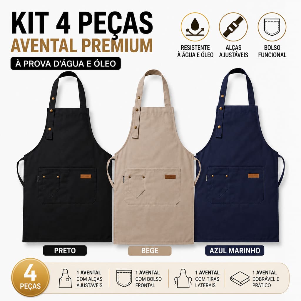 Kit 4 Aventais Multiuso Profissional com Bolso Frontal Ajustável para Cozinha Churrasco Confeitaria Artesanato