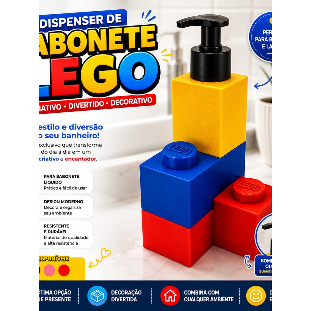 Dispenser de Sabonete Líquido Lego Criativo Porta Sabonete Banheiro Lavabo Decoração Divertida Organizador Pia Design Mo