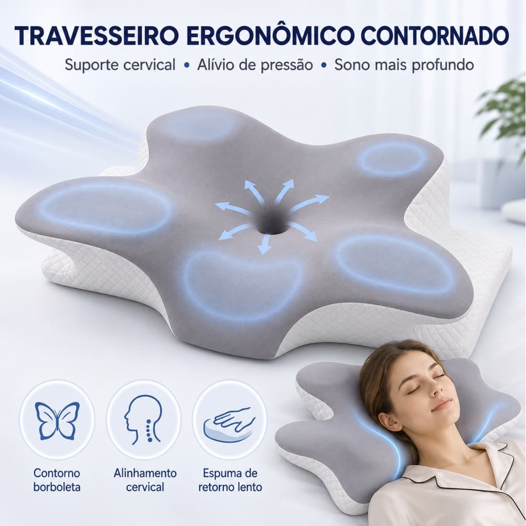 Travesseiro Ortopedico para coluna cervical em forma de borboleta, feito de espuma viscoelástica para aliviar dores